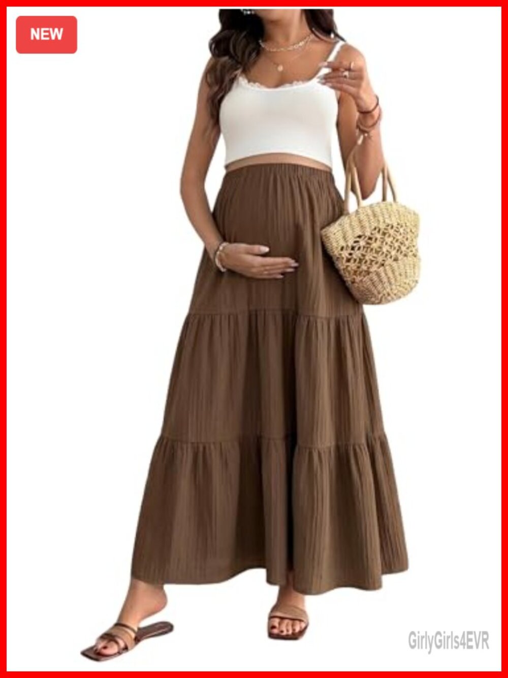 Maternity Ruffle Maxi Skirt | High Waist Elastic Flowy Boho Long Skirt